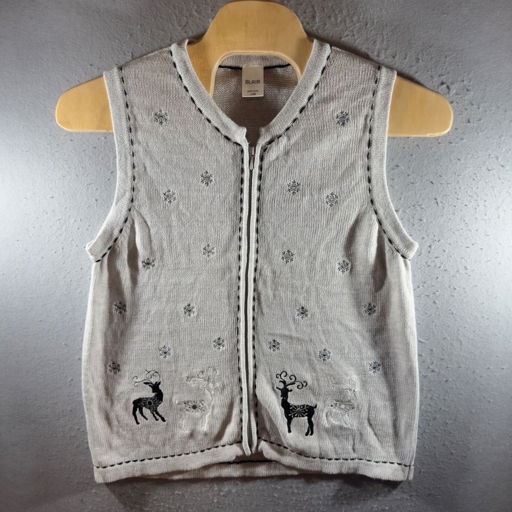 3035 | Blair Vintage Holiday Reindeer Snowflake Zip Sweater Vest Gray Womens L